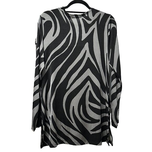 Susan Graver sz M gray black zebra print button hem accent long sleeve tunic top - Picture 3 of 7